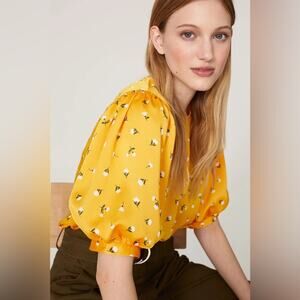 Kate Spade Garden Ditsy Yellow Floral Satin Short Puff Sleeve Blouse